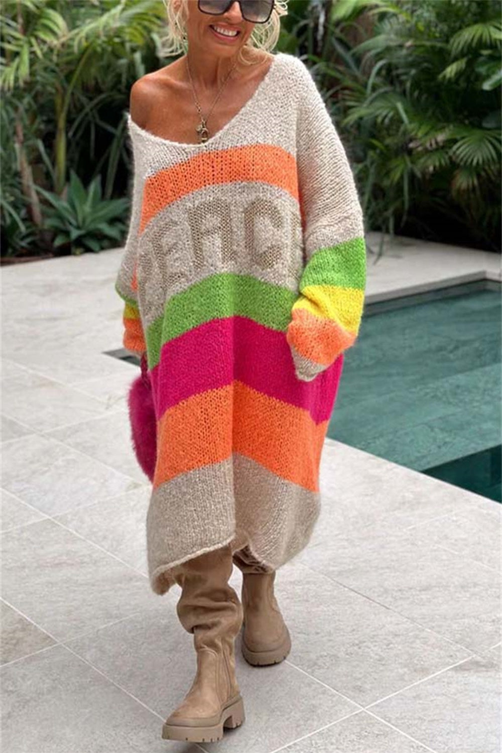 Color Block V-Neck Long Sleeve Sweater Dress - Charming Charlie