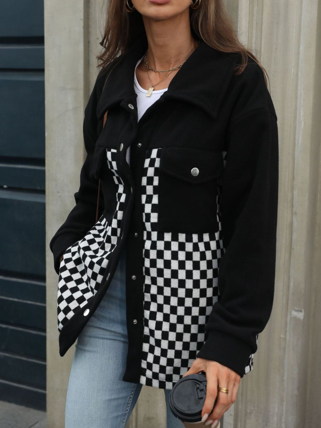 Checkered Snap Down Long Sleeve Jacket - Charming Charlie