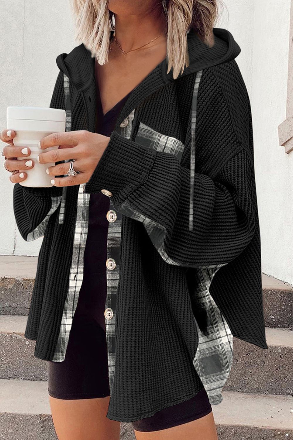 Waffle Knit Plaid Patchwork Drawstring Hooded Shacket - Charming Charlie
