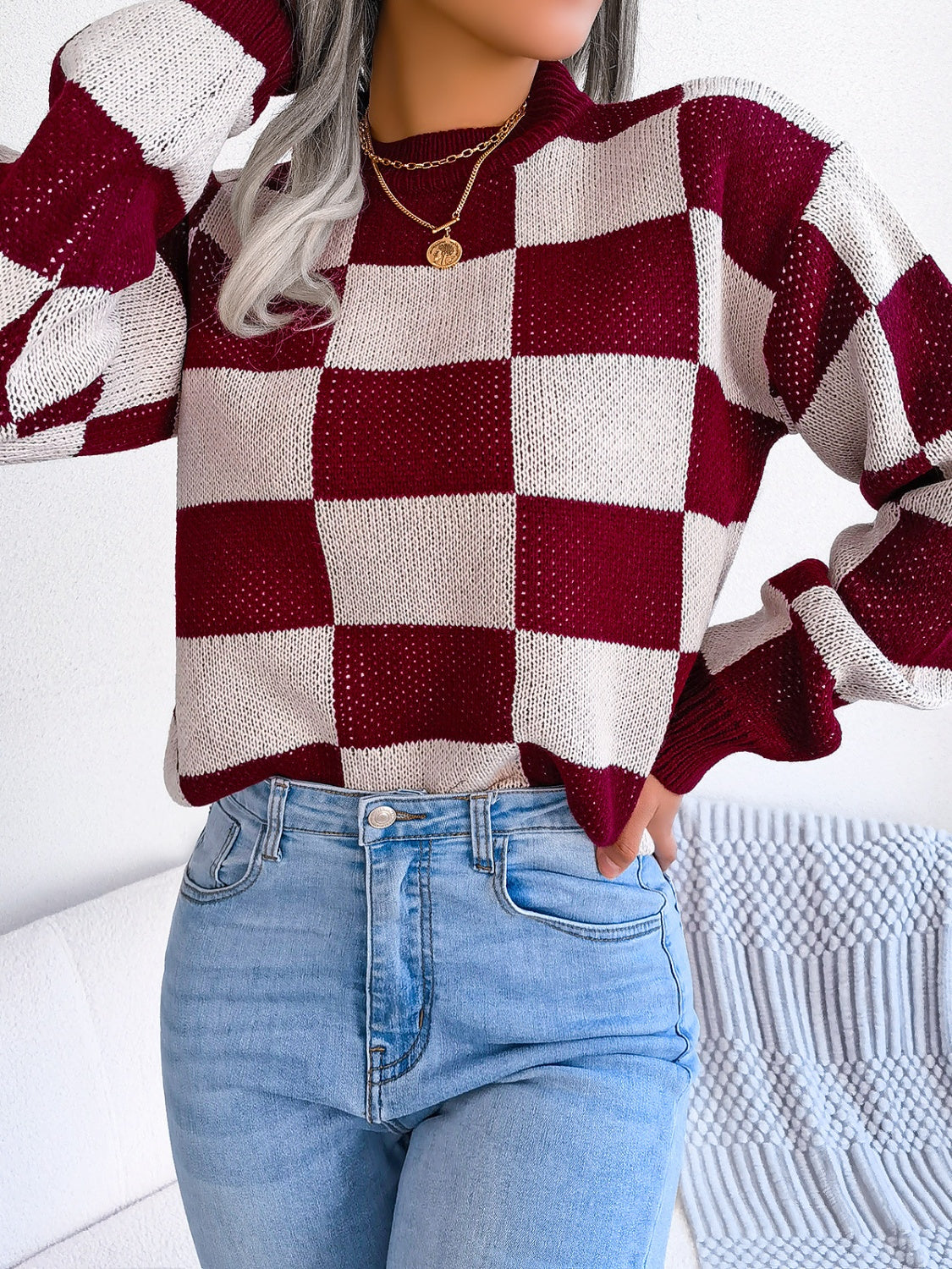 Checkered Mock Neck Long Sleeve Sweater - Charming Charlie