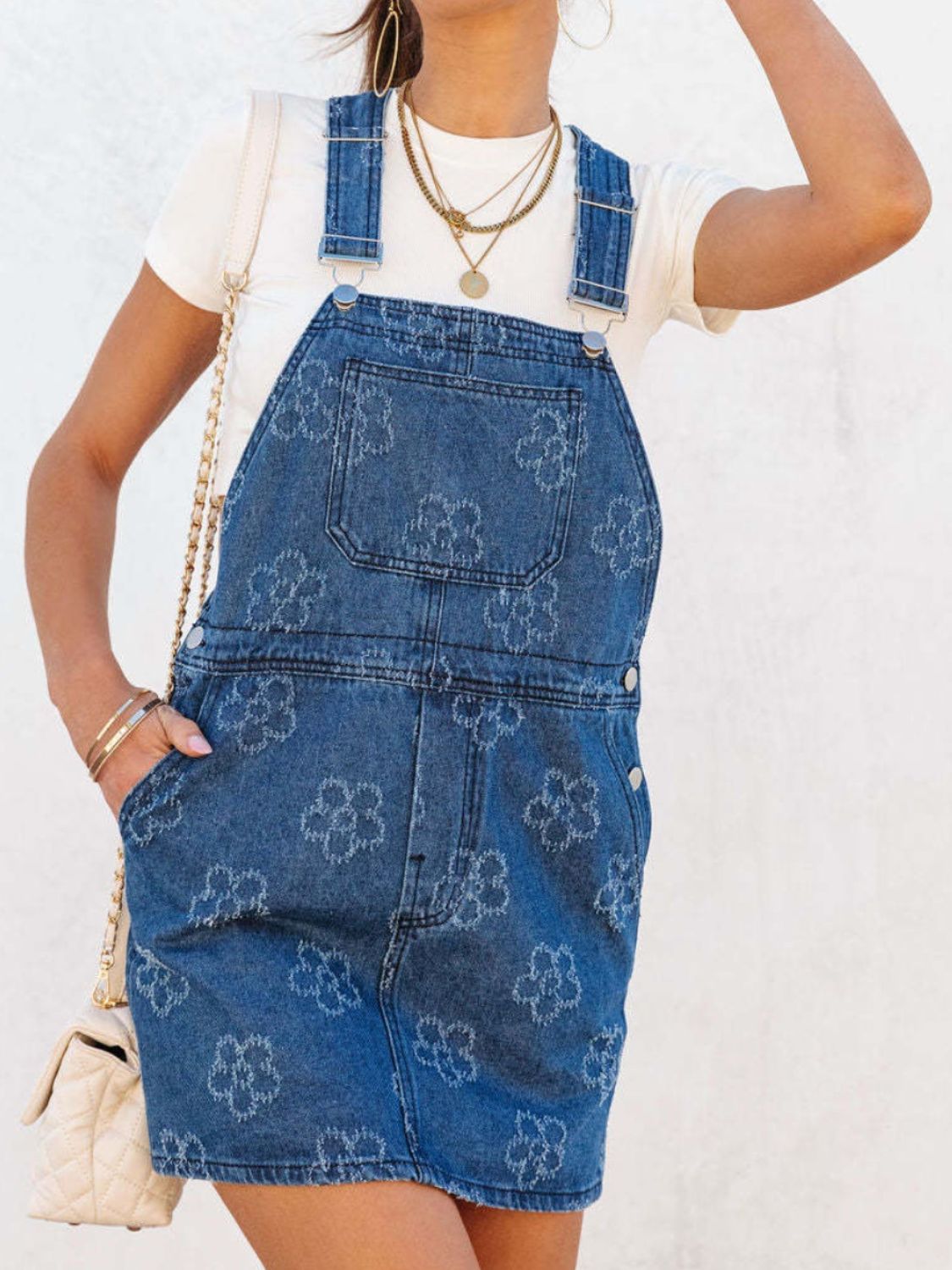 Flower Wide Strap Denim Overall Dress with Pockets - Charming Charlie
