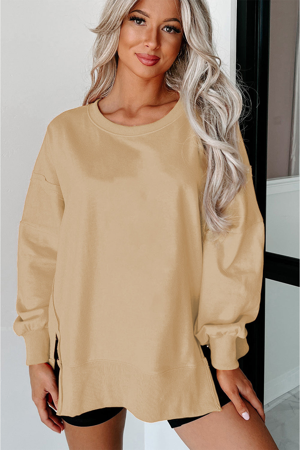 Side Slit Round Neck Long Sleeve Sweatshirt - Charming Charlie