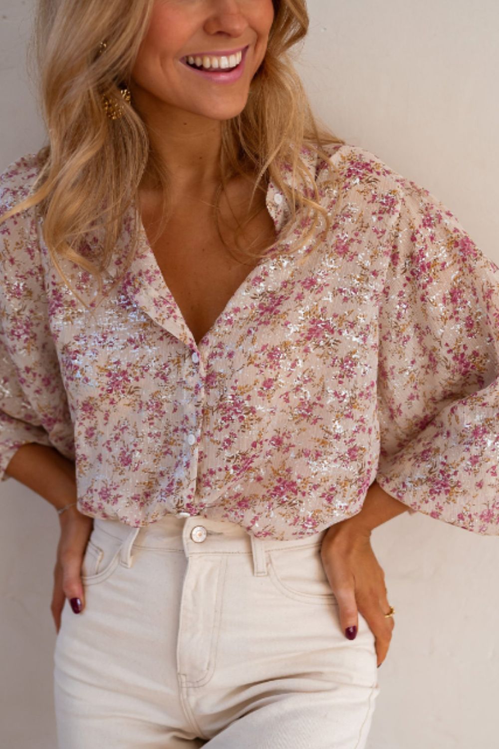 Printed Collared Neck Long Sleeve Shirt - Charming Charlie