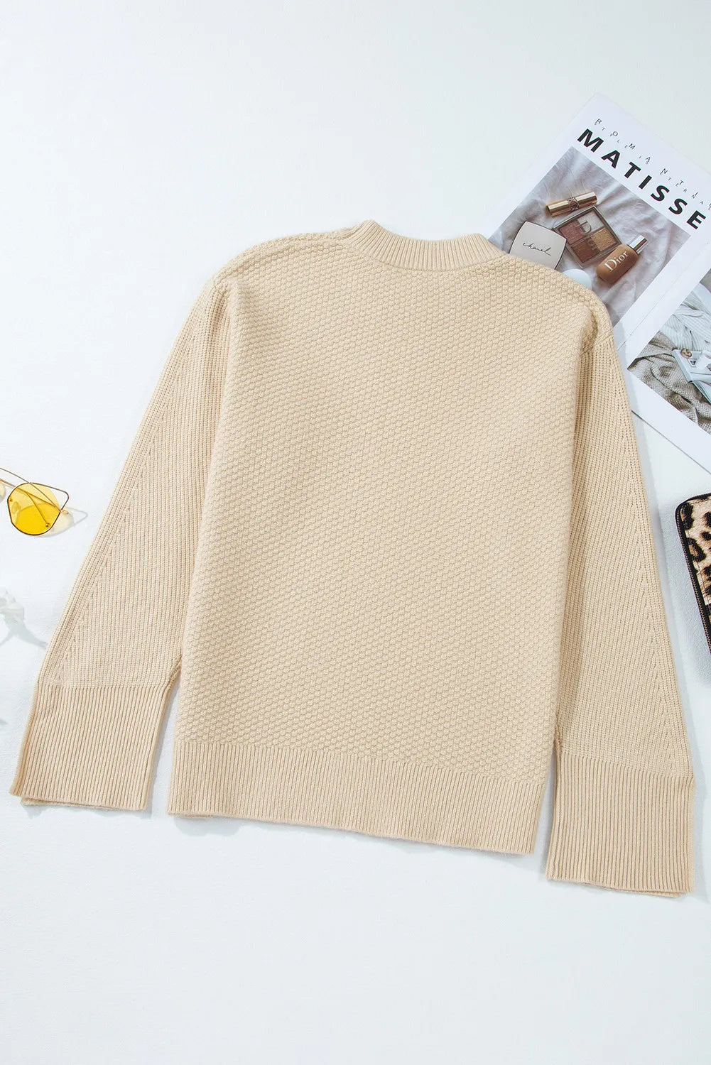 Textured Round Neck Long Sleeve Sweater - Charming Charlie