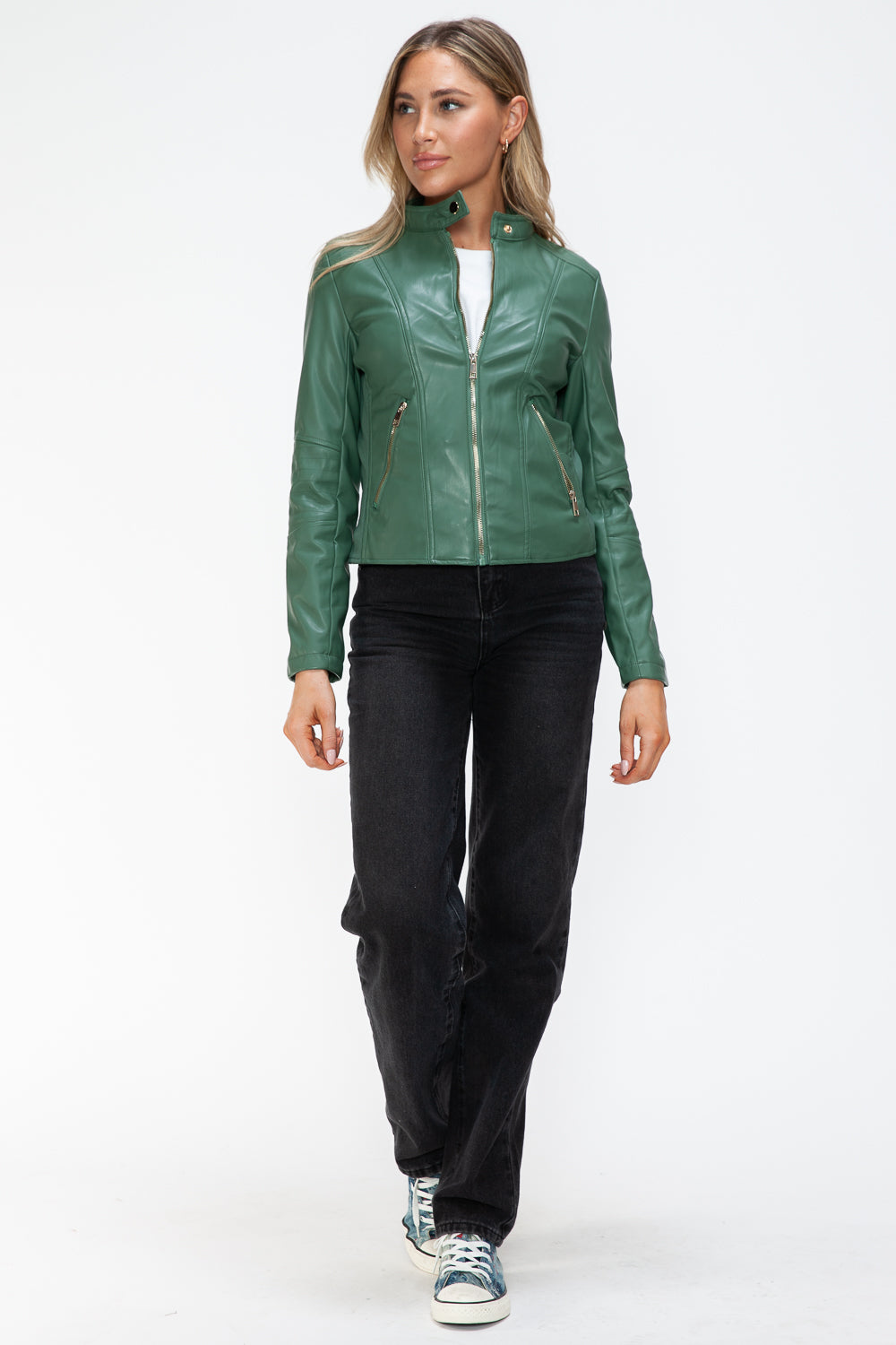 Snobbish Faux Leather Zip Up Drawstring Hooded Jacket - Charming Charlie