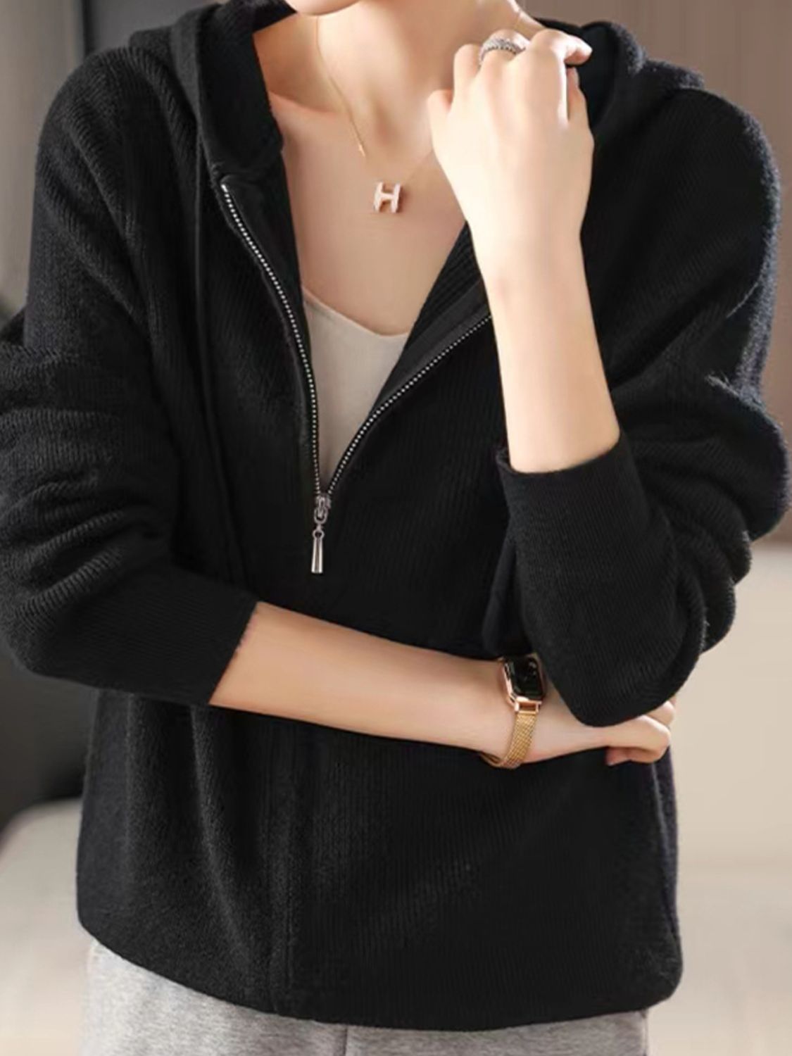 Drawstring Zip Up Long Sleeve Hooded Sweater - Charming Charlie