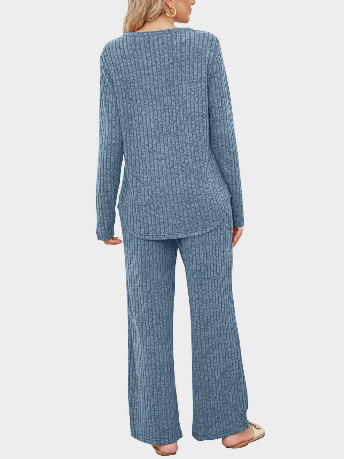 Round Neck Long Sleeve Top and Pants Set - Charming Charlie