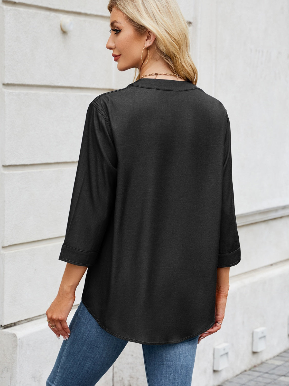 Notched Three-Quarter Sleeve Denim Top - Charming Charlie