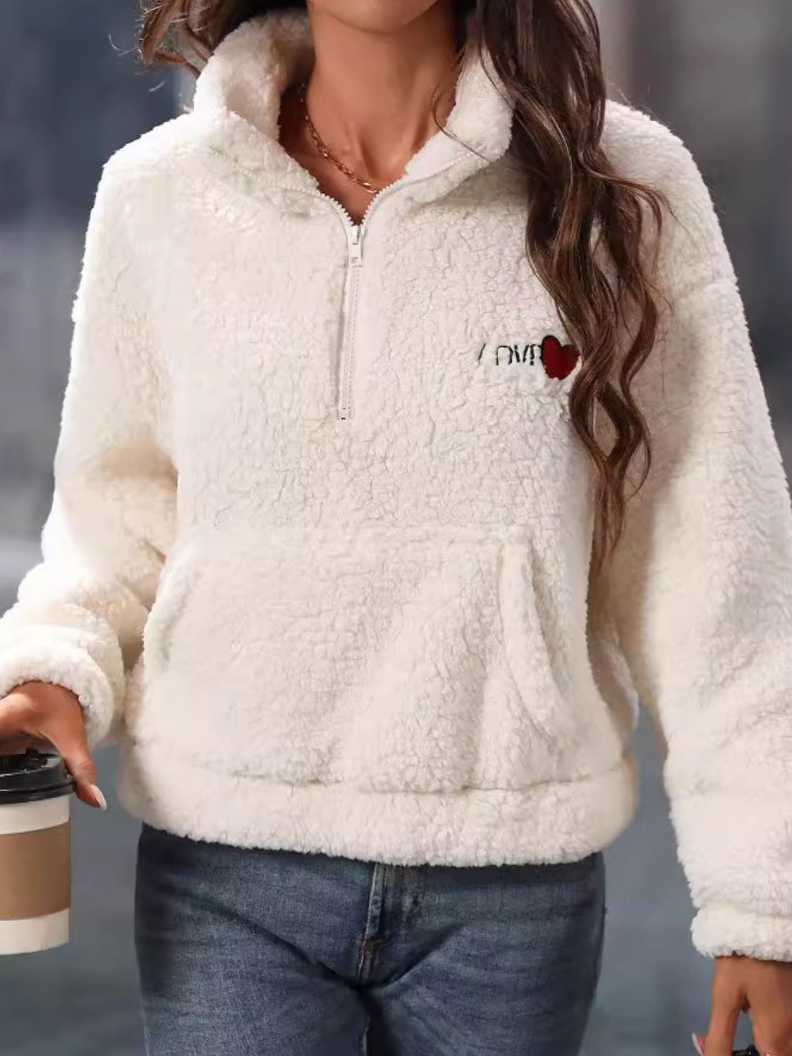 Heart Half Zip Long Sleeve Teddy Sweatshirt - Charming Charlie