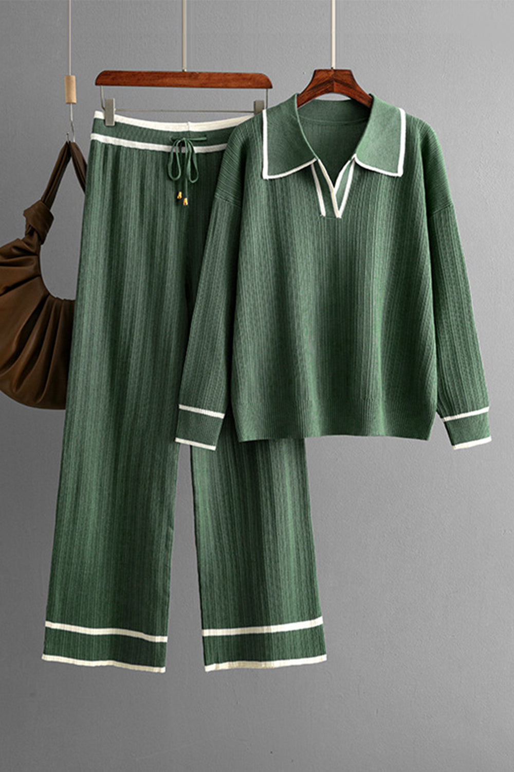 Contrast Trim Johnny Collar Top and Drawstring Pants Sweater Set - Charming Charlie