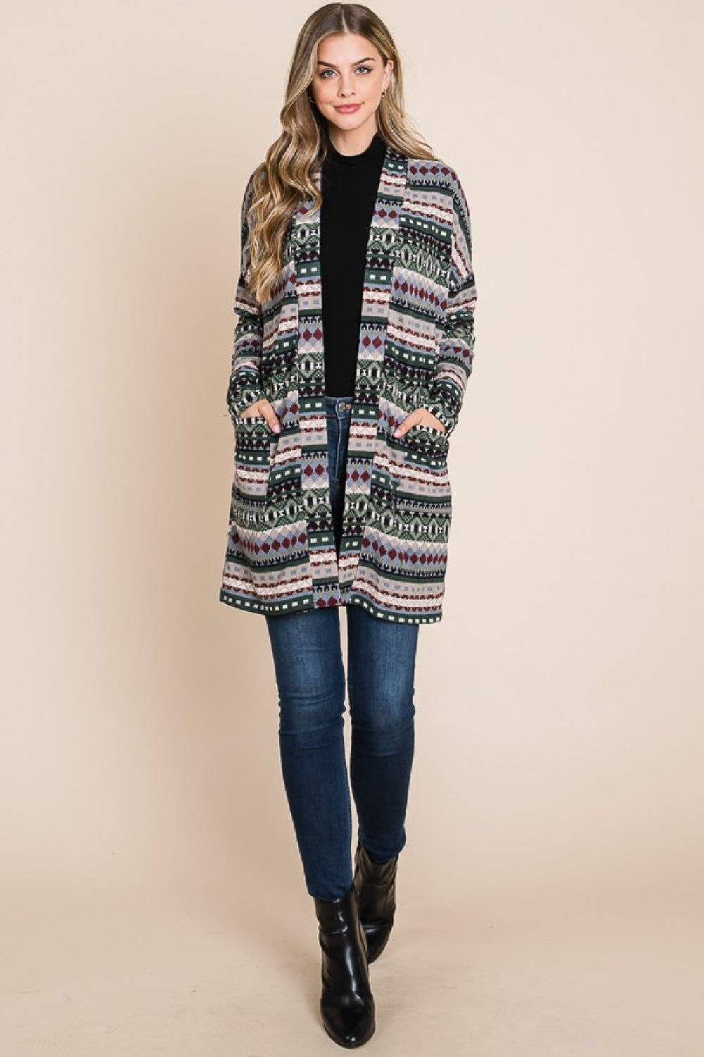 BOMBOM Geometric Open Front Long Sleeve Cardigan with Pockets - Charming Charlie