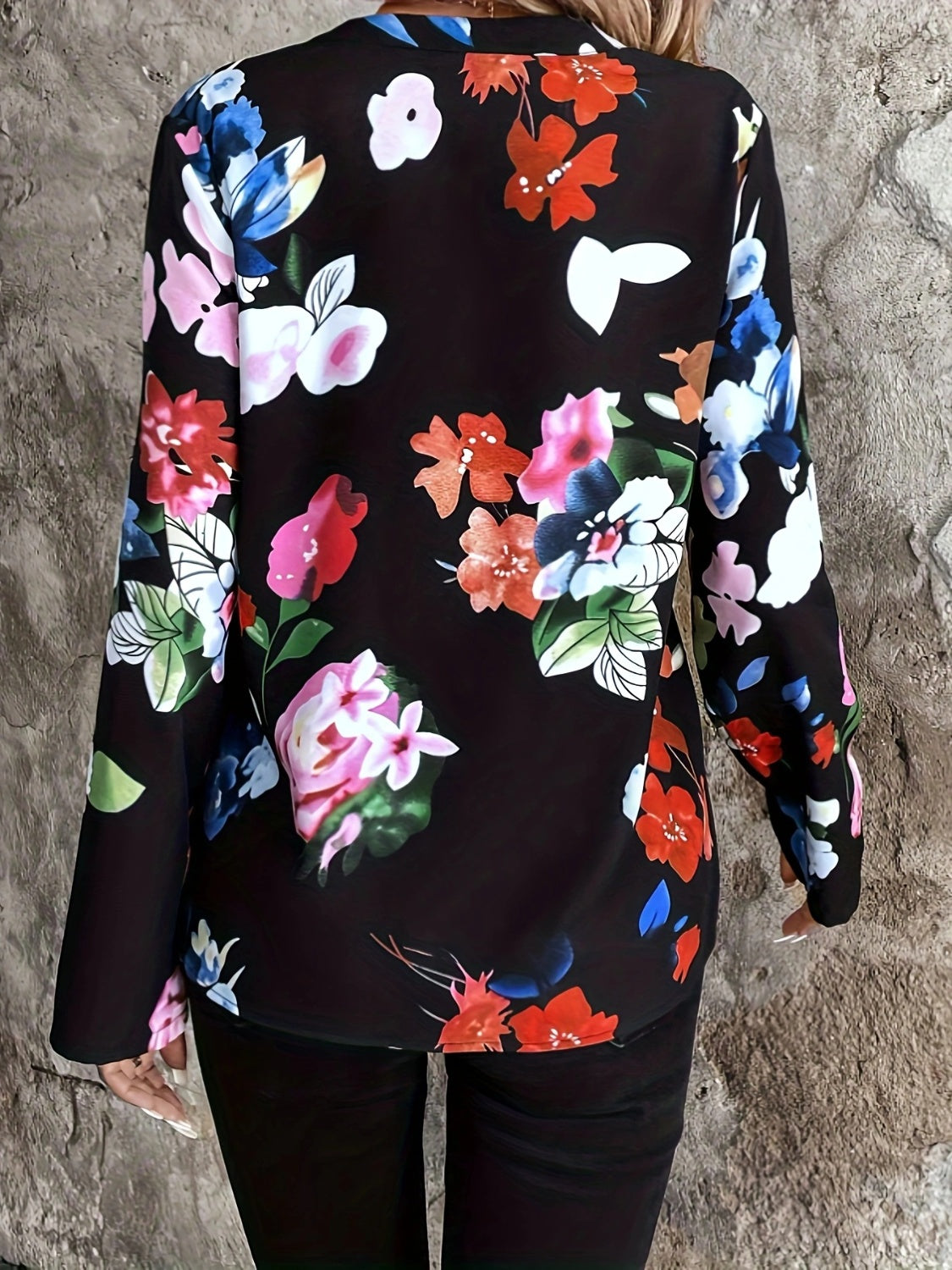 Printed Notched Long Sleeve Blouse - Charming Charlie