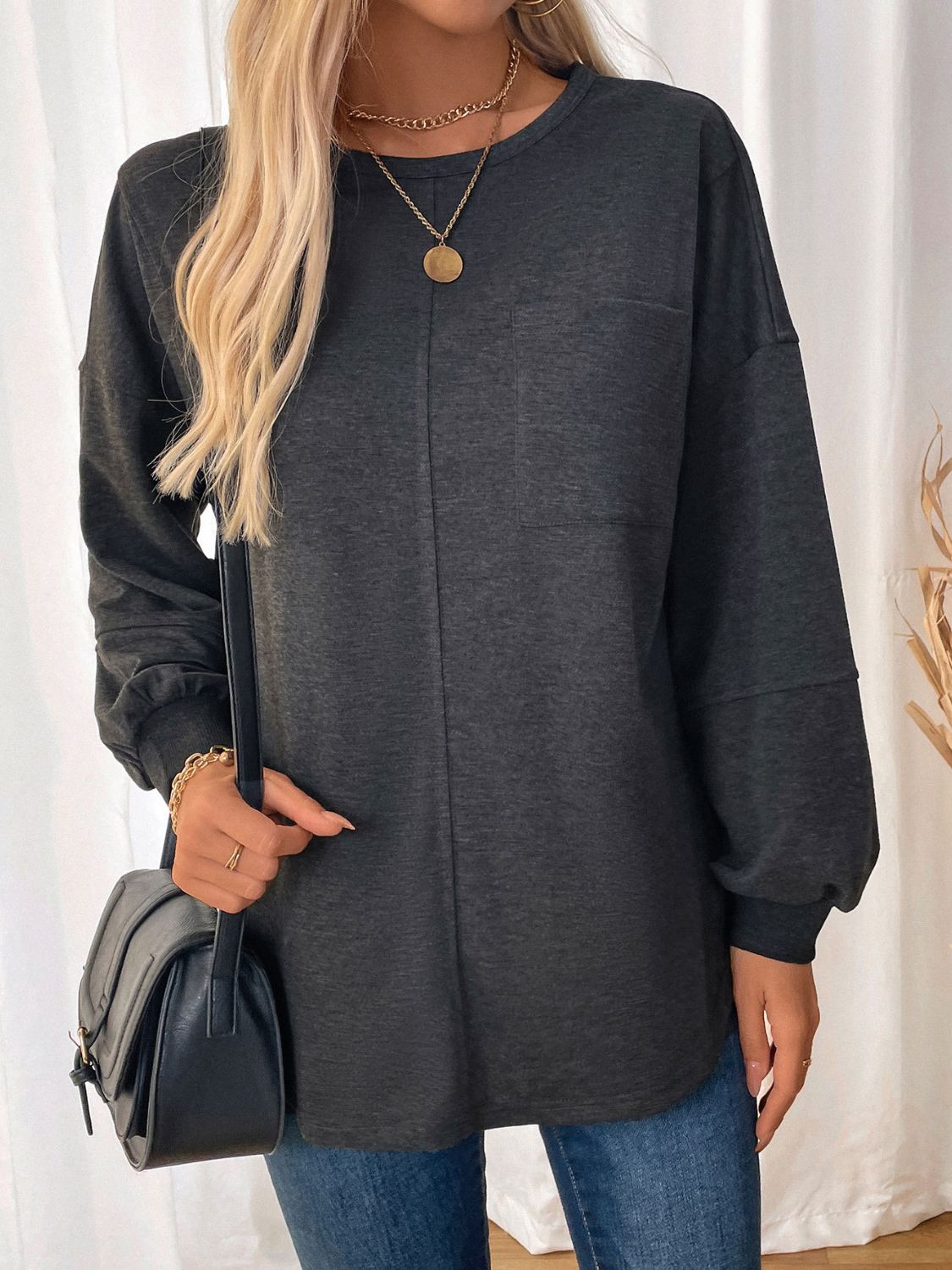 Perfee Pocketed Round Neck Long Sleeve Sweatshirt - Charming Charlie