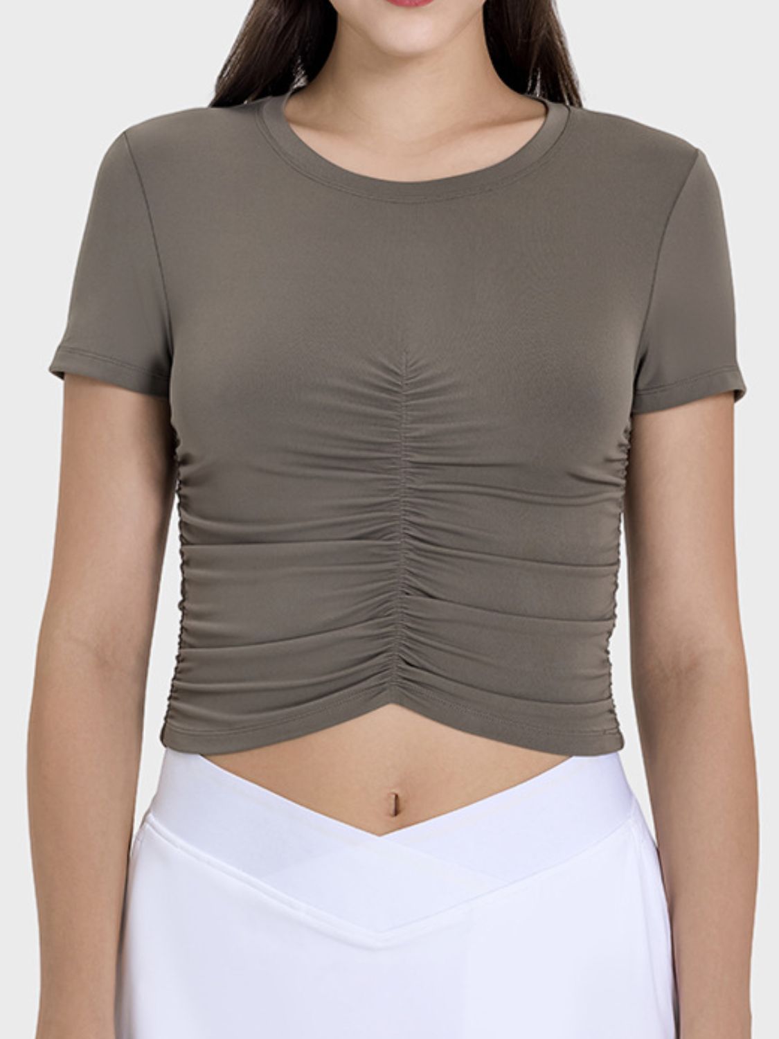 Ruched Round Neck Short Sleeve Active T-Shirt - Charming Charlie