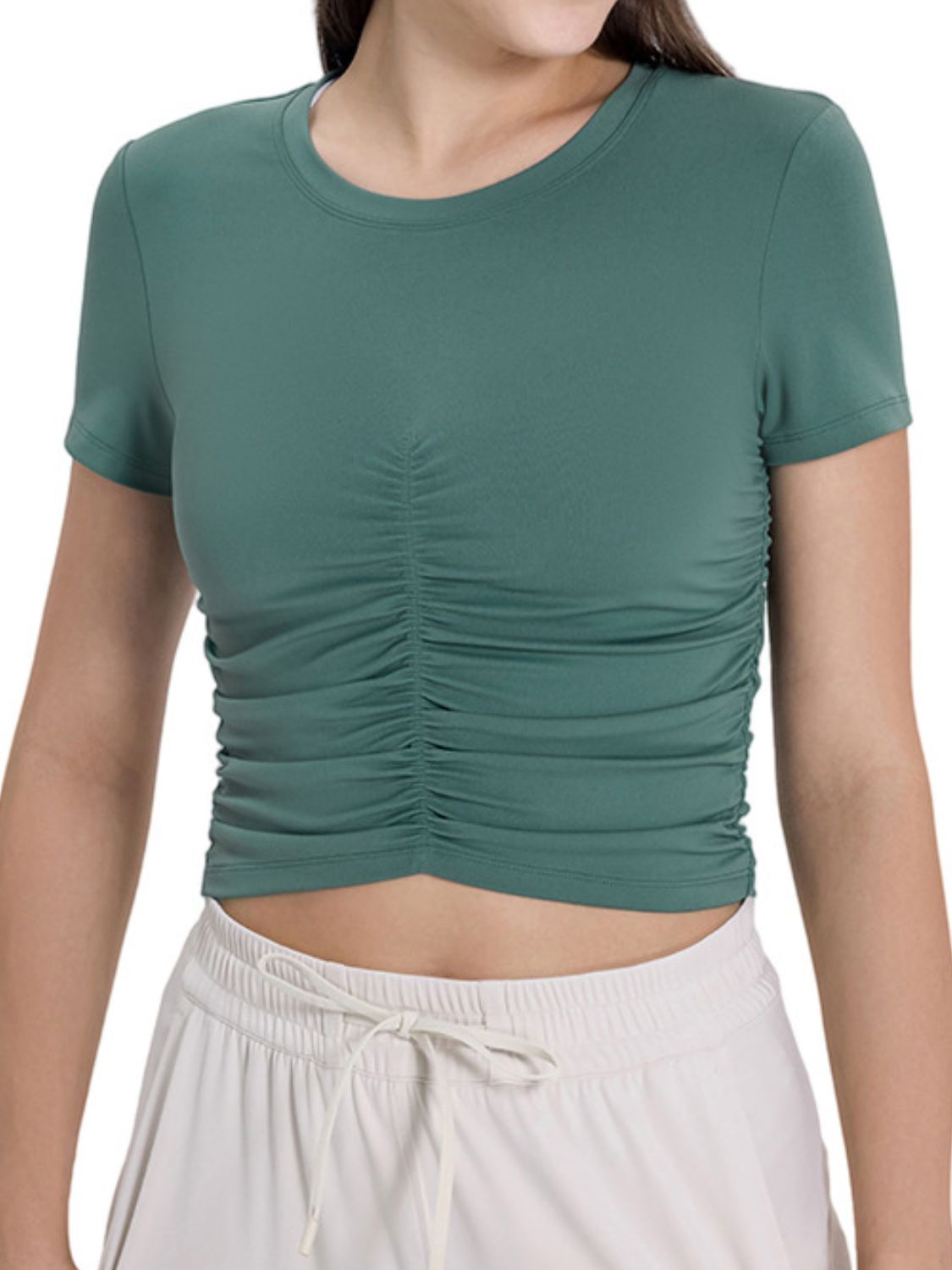 Ruched Round Neck Short Sleeve Active T-Shirt - Charming Charlie