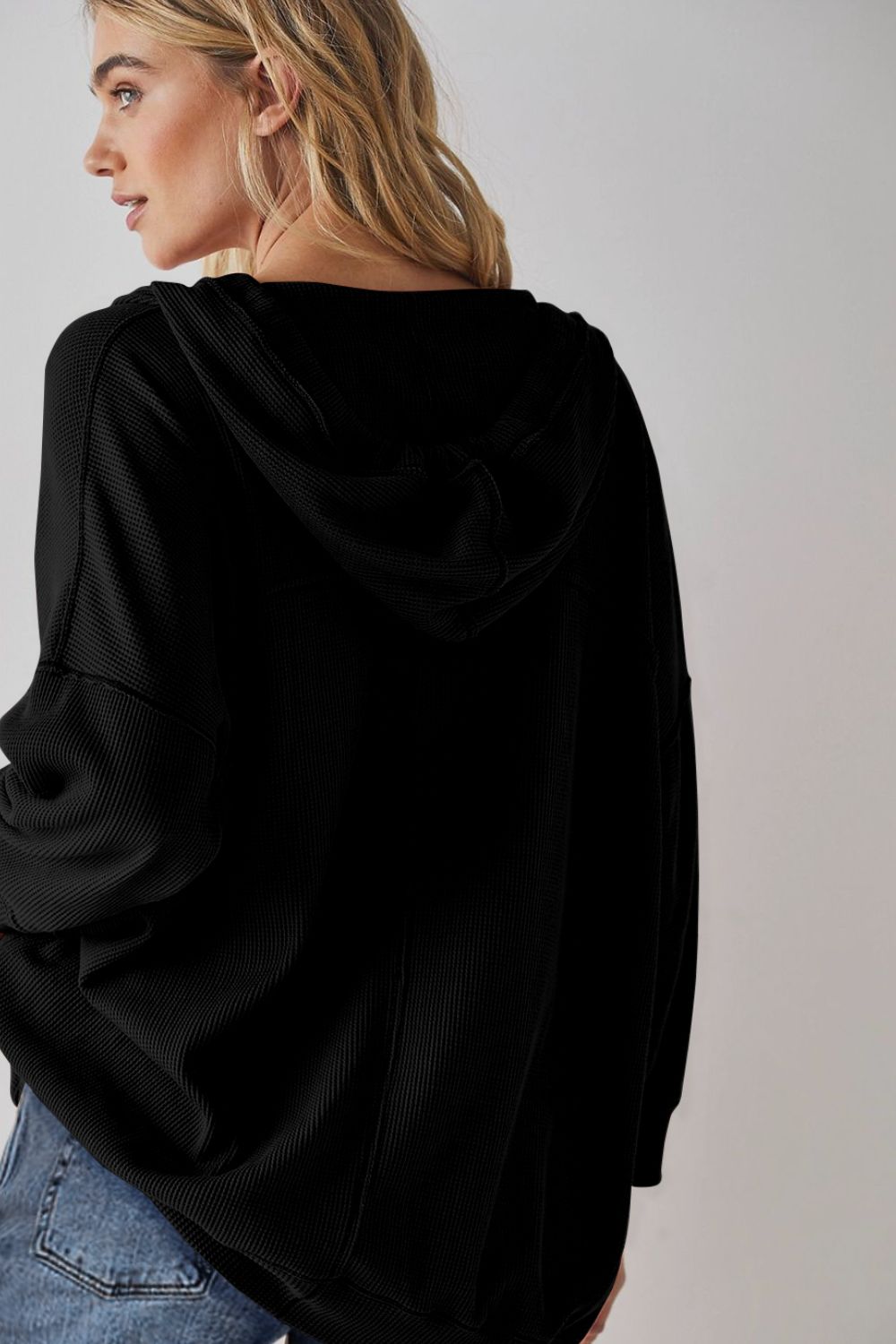 Exposed Seam Drawstring Long Sleeve Hoodie - Charming Charlie