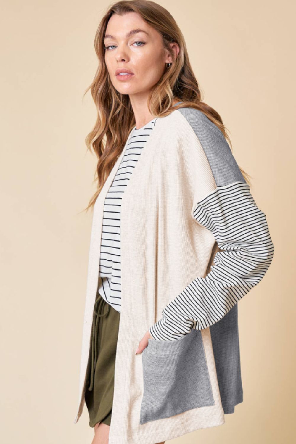 Open Front Long Sleeve Striped Cardigan with Pockets - Charming Charlie