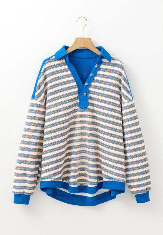 Striped Johnny Collar Long Sleeve Sweatshirt - Charming Charlie
