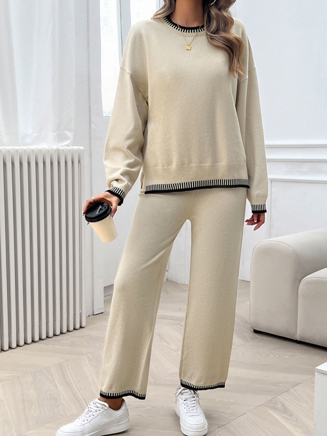 Round Neck Dropped Shoulder Top and Pants Sweater Set - Charming Charlie