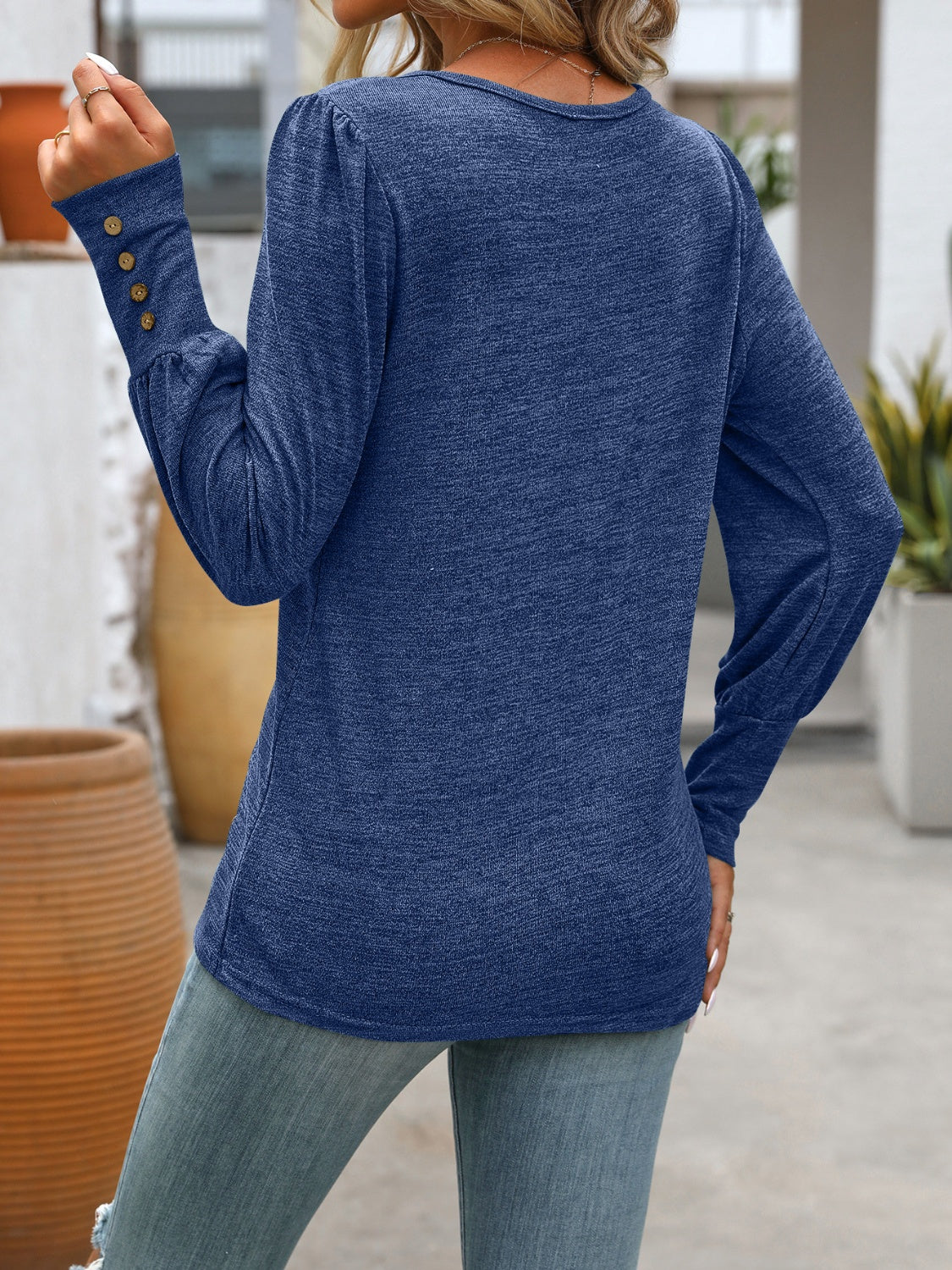 Decorative Button Round Neck Long Sleeve T-Shirt - Charming Charlie
