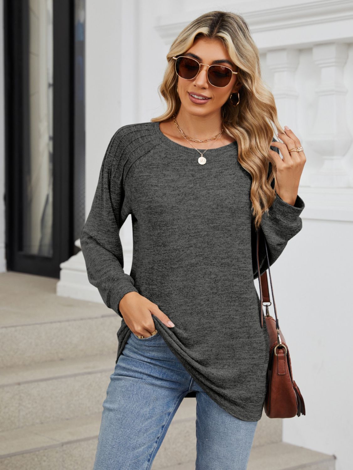 Round Neck Long Sleeve T-Shirt - Charming Charlie