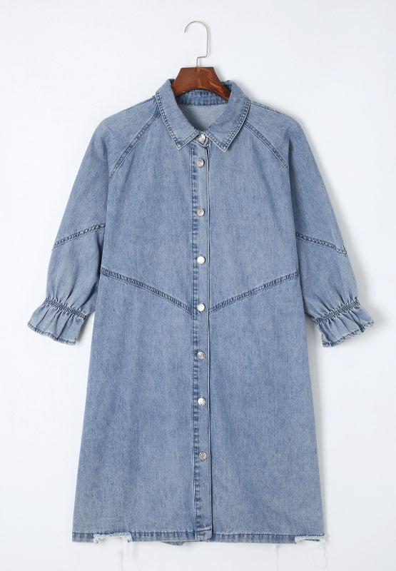 Distressed Collared Neck Flounce Sleeve Denim Dress - Charming Charlie