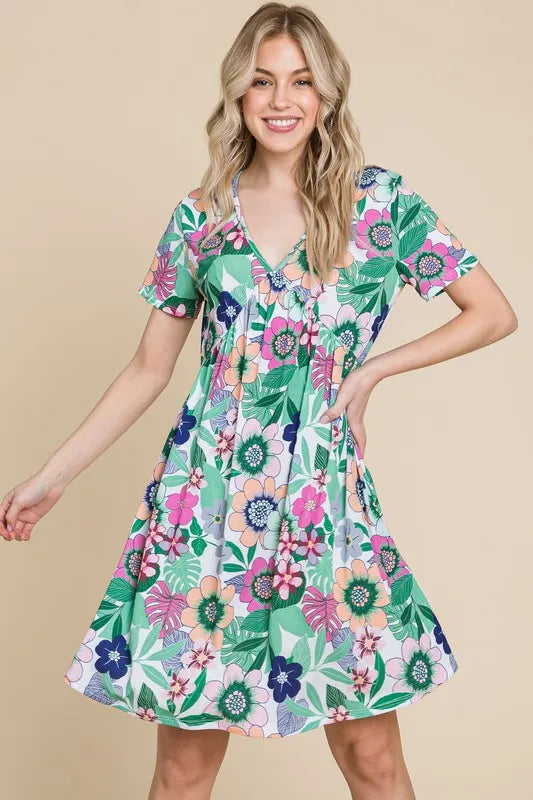 BOMBOM Round Neck Short Sleeve Midi Dress with Pockets