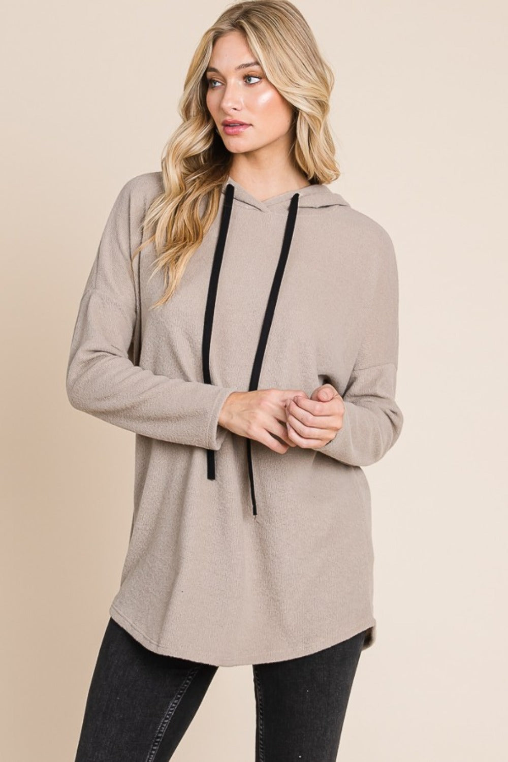 BOMBOM Contrast Drawstring Drop Shoulder Knit Hoodie - Charming Charlie