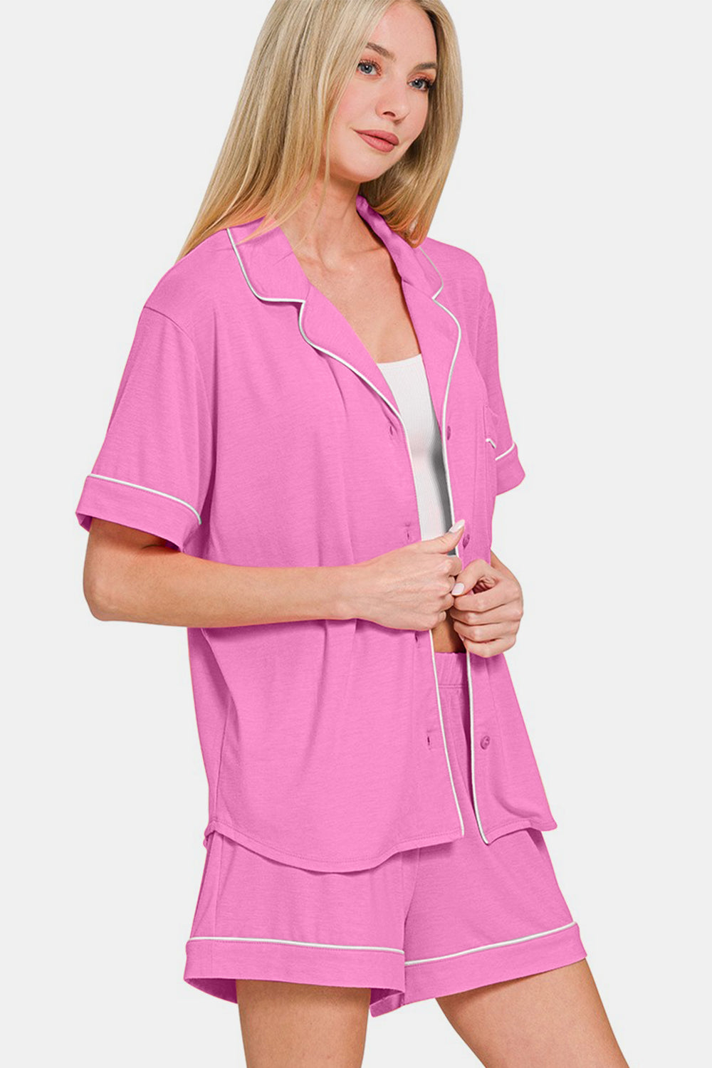 Zenana Button Down Short Sleeve Top and Shorts Lounge Set - Charming Charlie