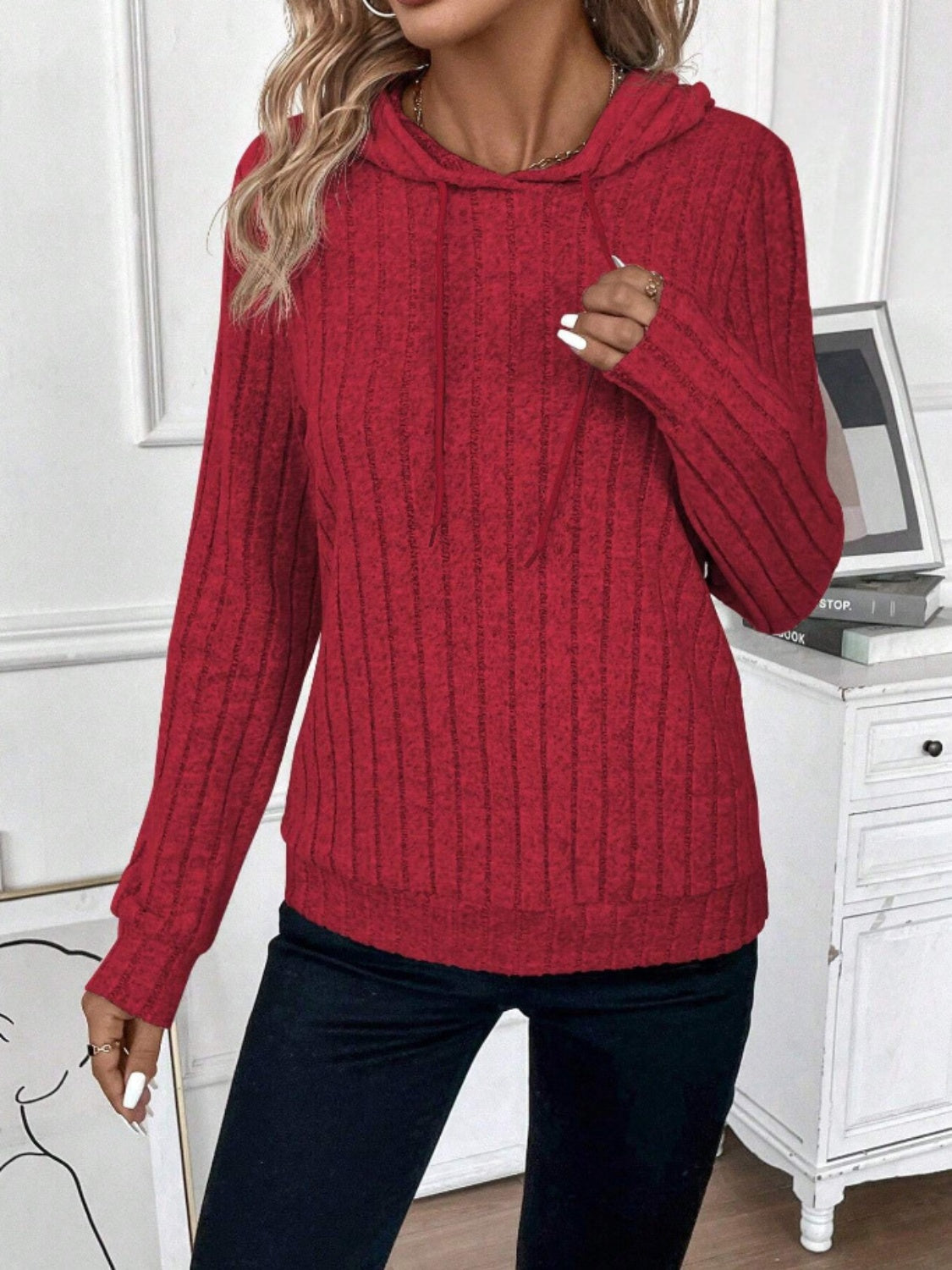 Drawstring Ribbed Long Sleeve Hoodie - Charming Charlie