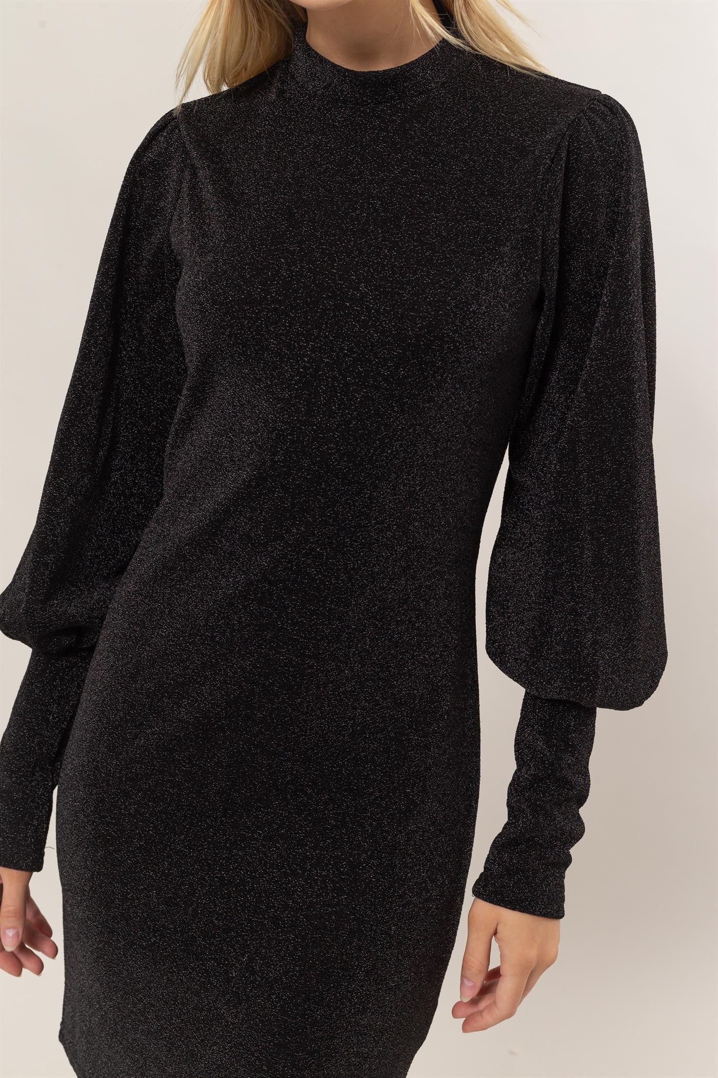 HYFVE Glitter Mock Neck Long Sleeve Mini Dress - Charming Charlie