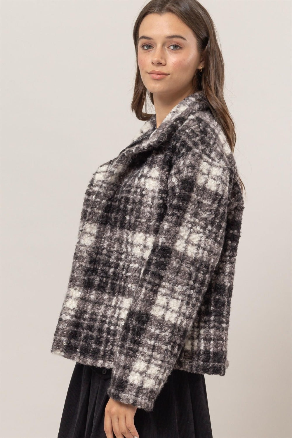 HYFVE Plaid Collared Neck Boucle Jacket with Pockets - Charming Charlie