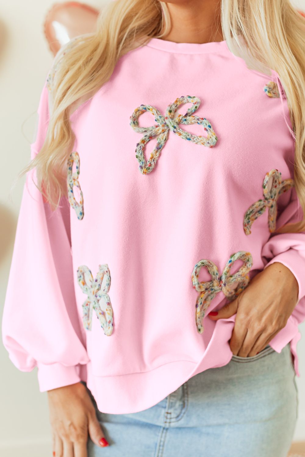 Bow Round Neck Long Sleeve Sweatshirt - Charming Charlie