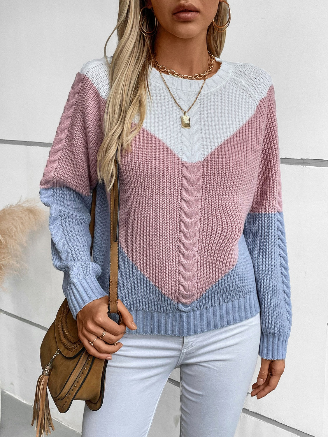 Color Block Round Neck Long Sleeve Sweater - Charming Charlie