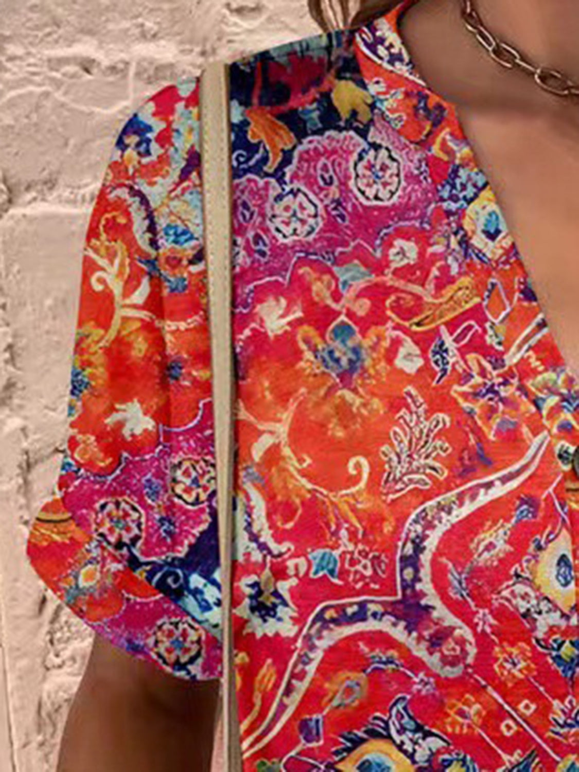Full Size Printed Notched Short Sleeve Blouse - Charming Charlie