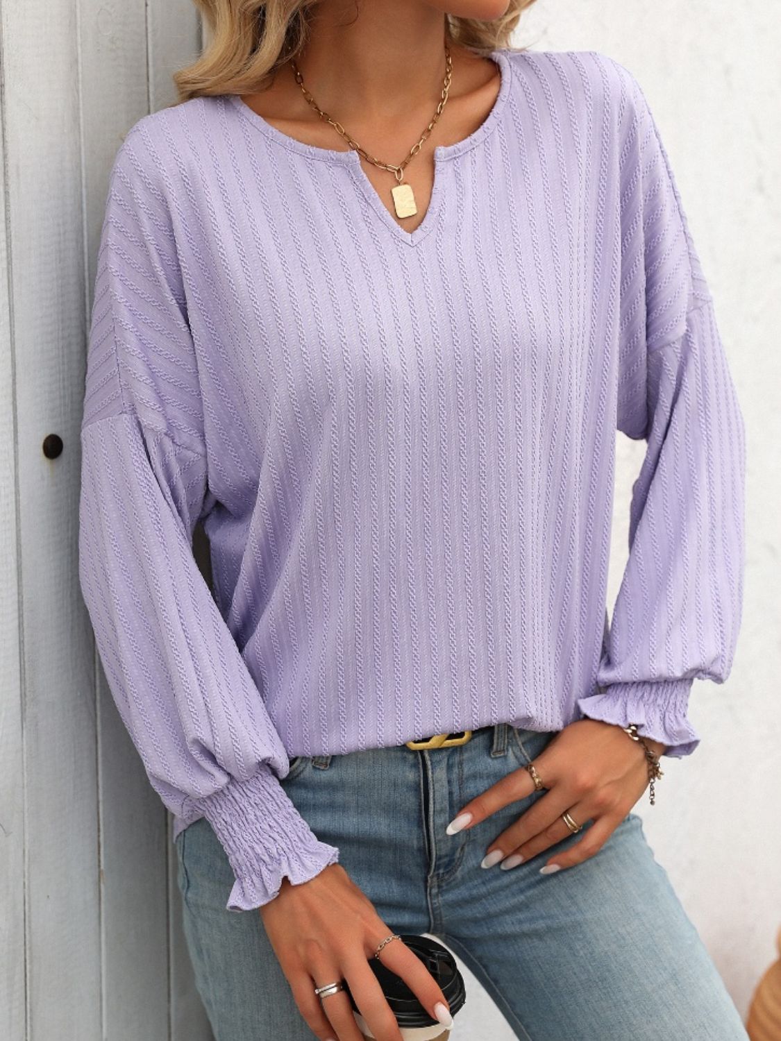 Textured Notched Lantern Sleeve T-Shirt - Charming Charlie