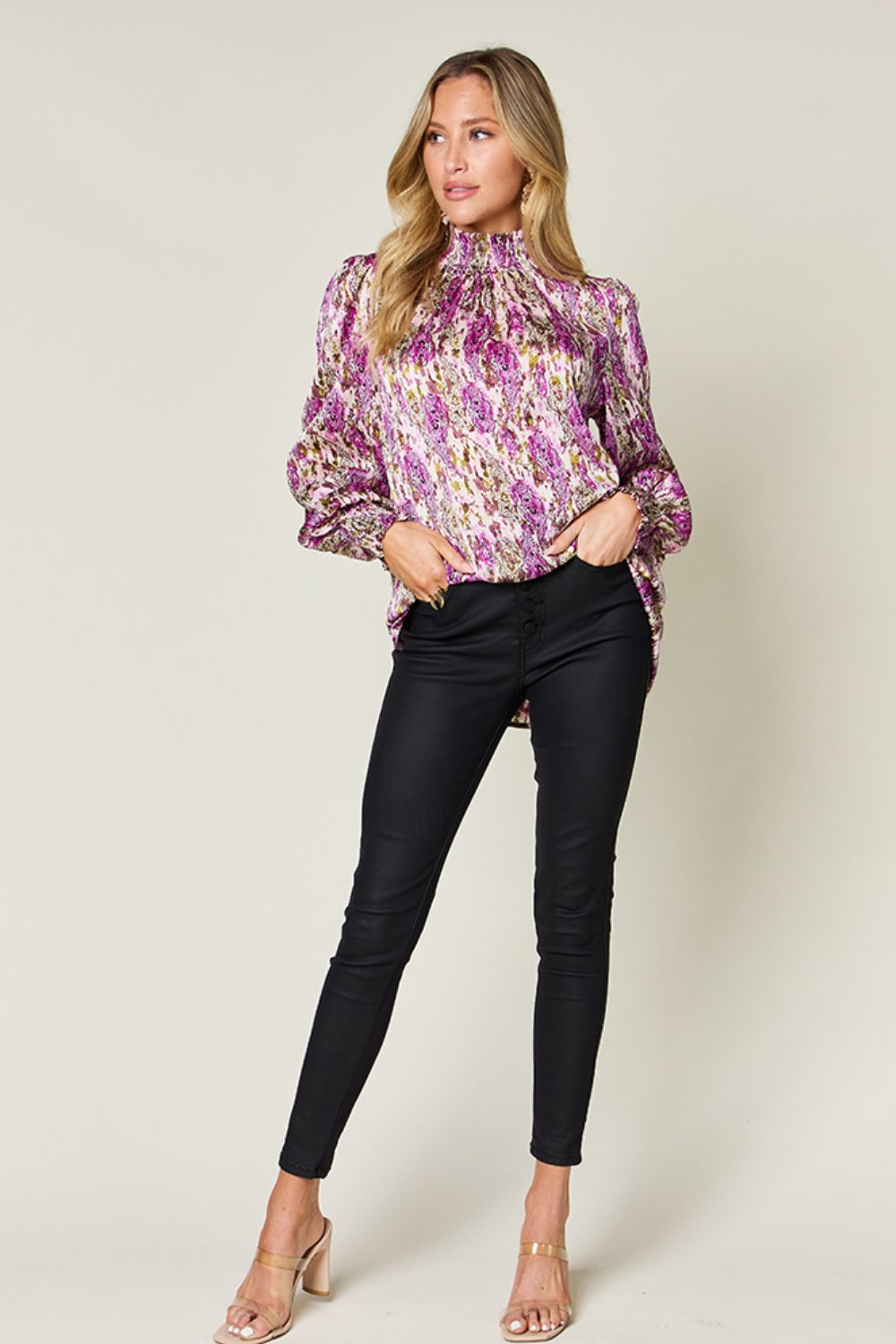 Double Take Full Size Printed Smocked Long Sleeve Blouse - Charming Charlie