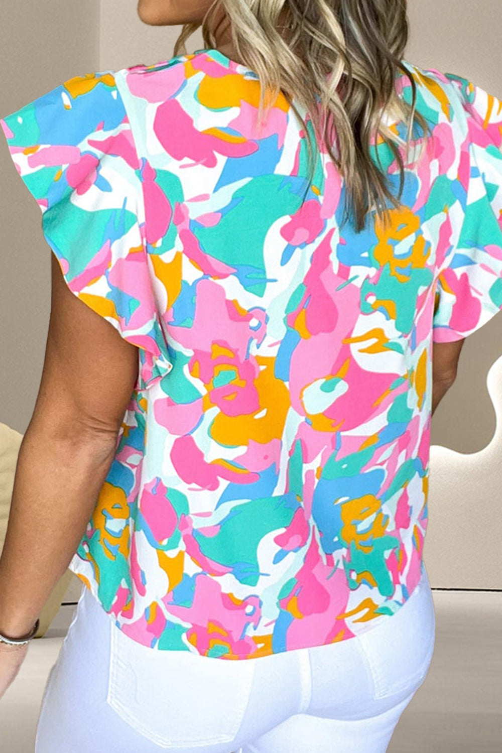 Ruffled Printed Notched Cap Sleeve Blouse - Charming Charlie