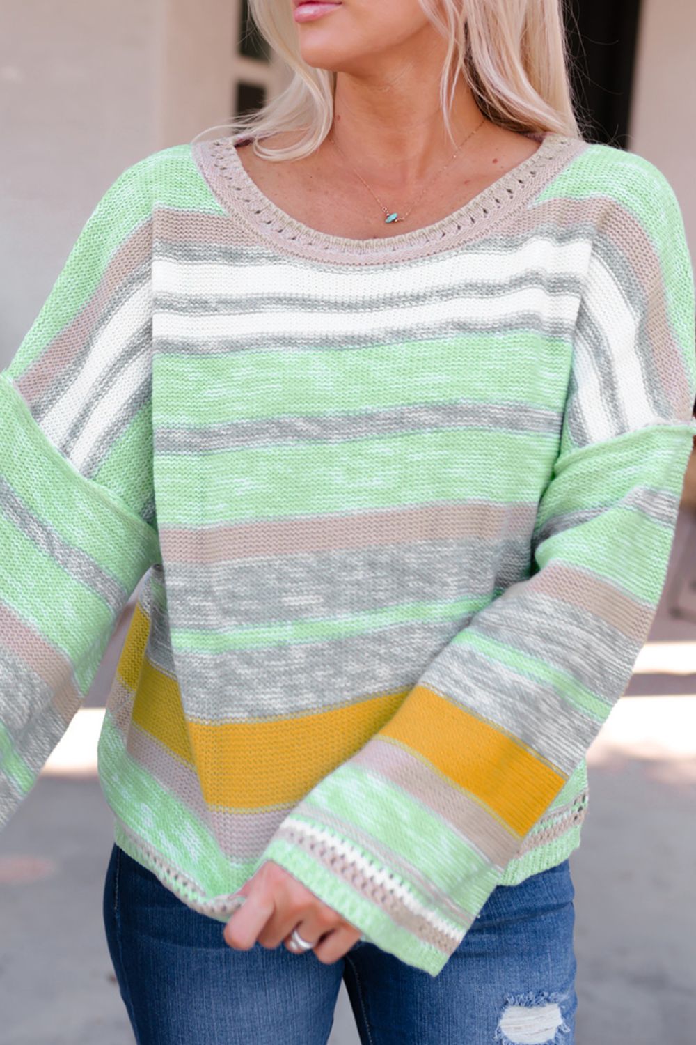 Contrast Striped Boat Neck Dropped Shoulder Sweater - Charming Charlie