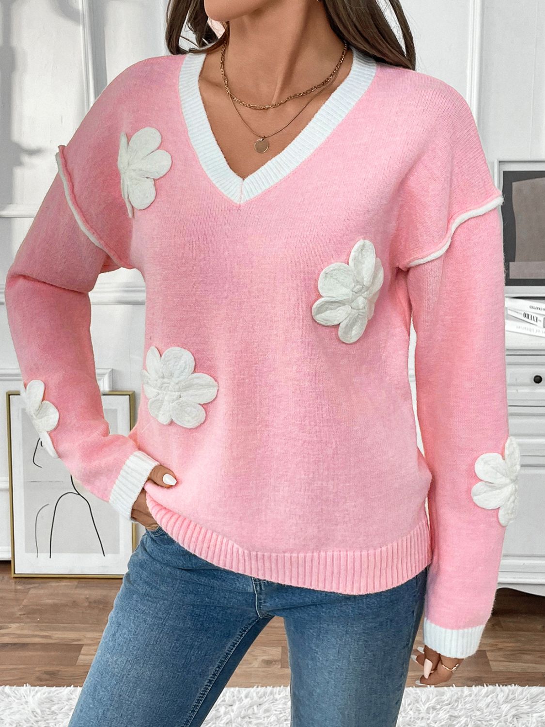 Perfee Flower V-Neck Long Sleeve Sweater - Charming Charlie