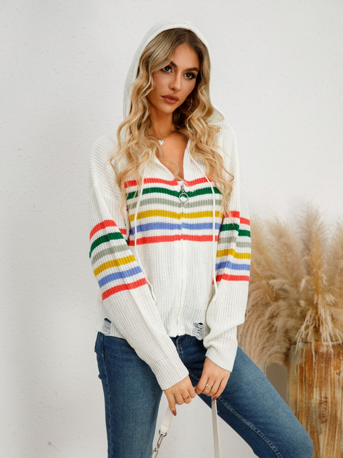 Drawstring Striped Dropped Shoulder Hooded Cardigan - Charming Charlie