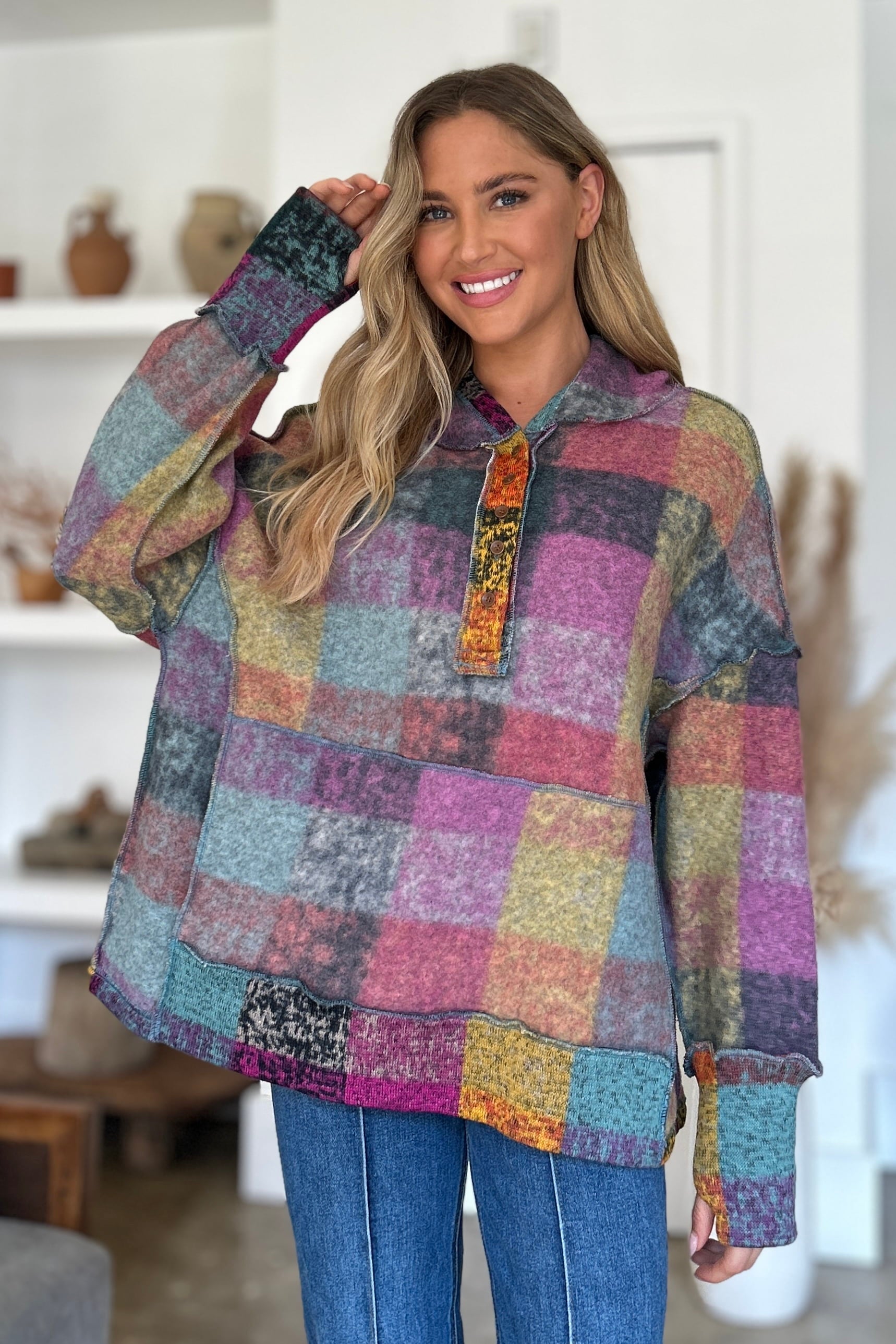 Double Take Full Size Plaid Dropped Shoulder Fleece Hoodie - Charming Charlie