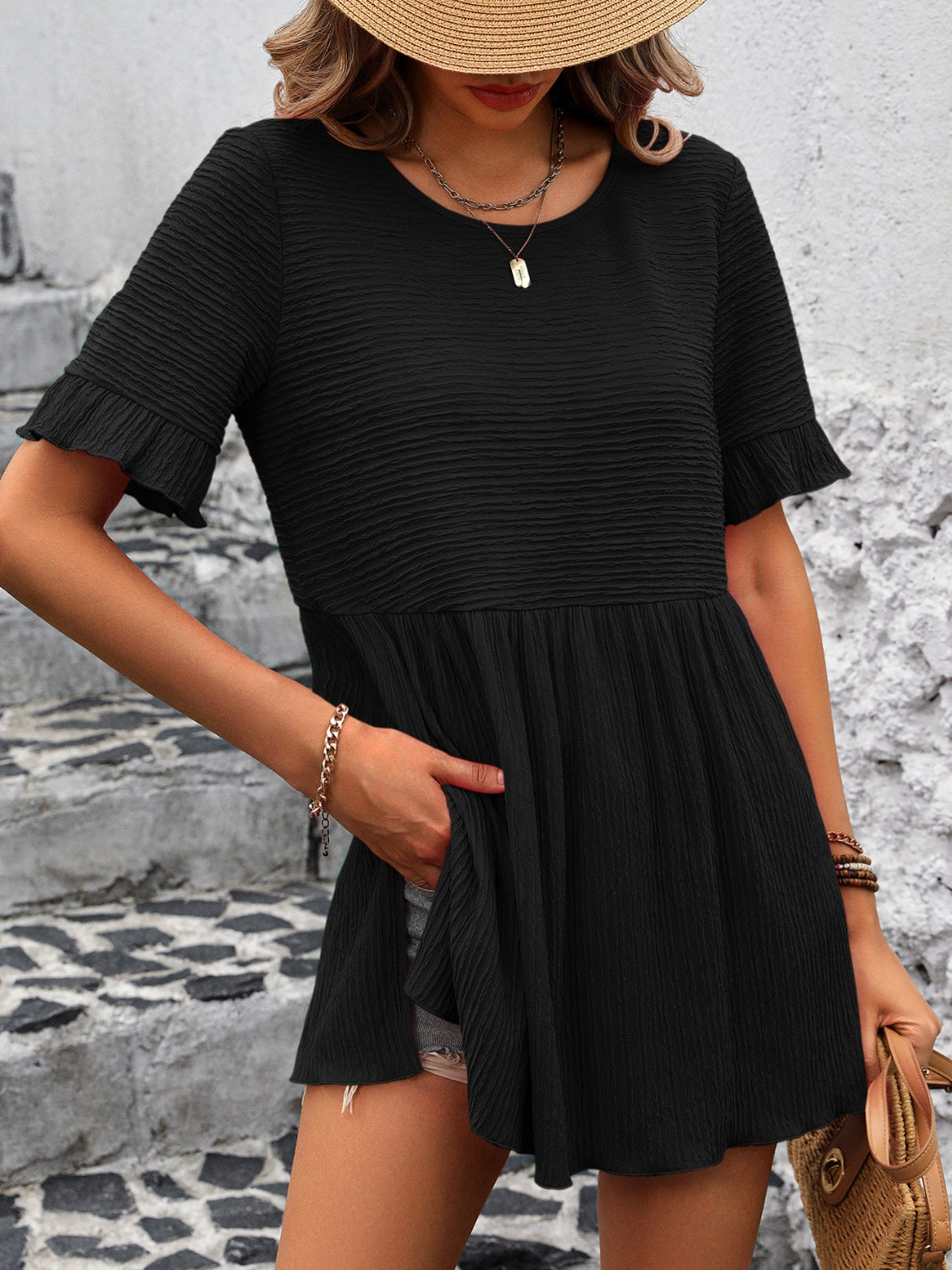 Round Neck Short Sleeve Blouse - Charming Charlie