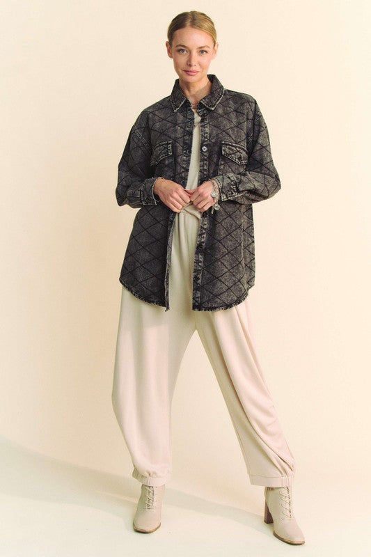 Davi & Dani Curved Hem Diamond Quilted Button Up Denim Shacket - Charming Charlie