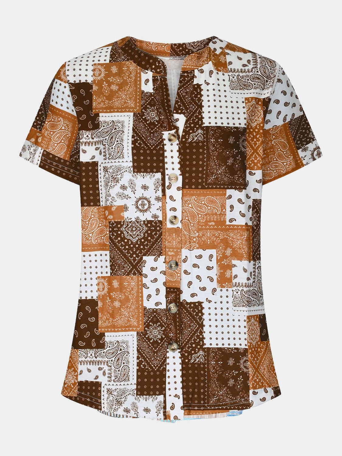 Printed Notched Short Sleeve Blouse - Charming Charlie