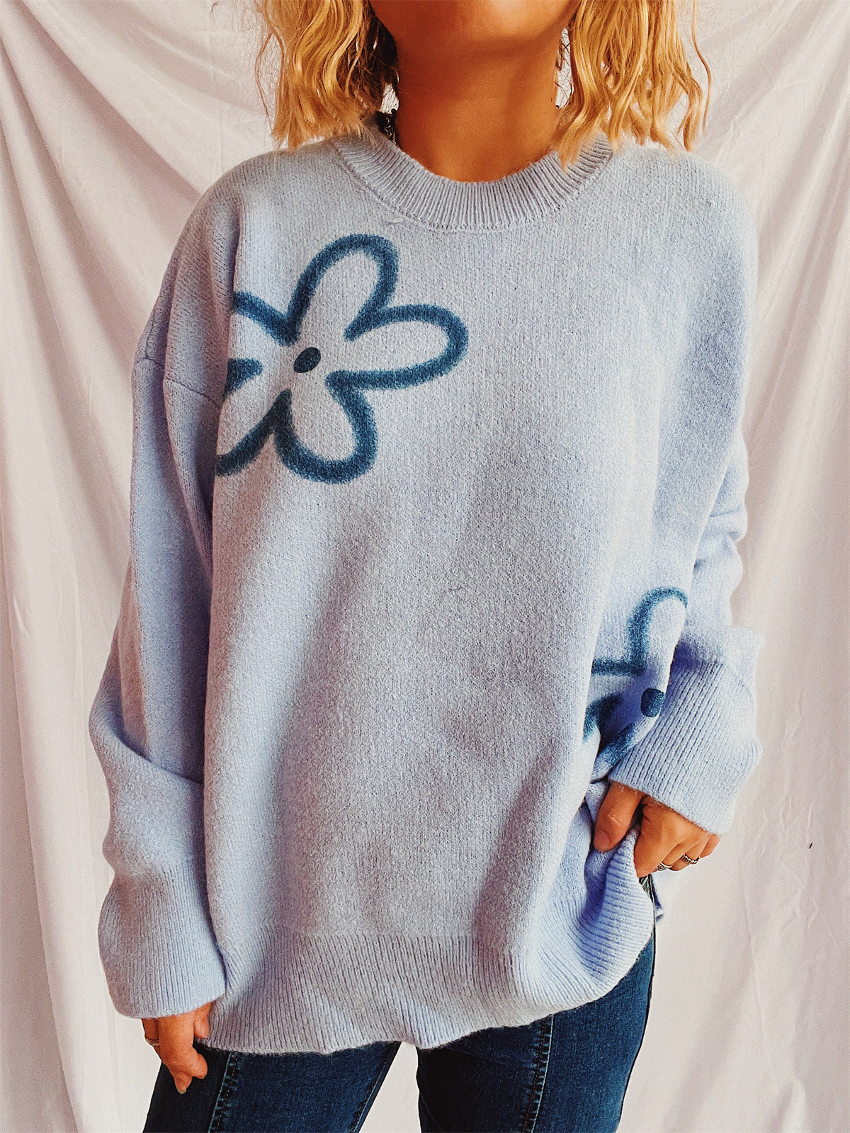 Flower Round Neck Long Sleeve Sweater - Charming Charlie
