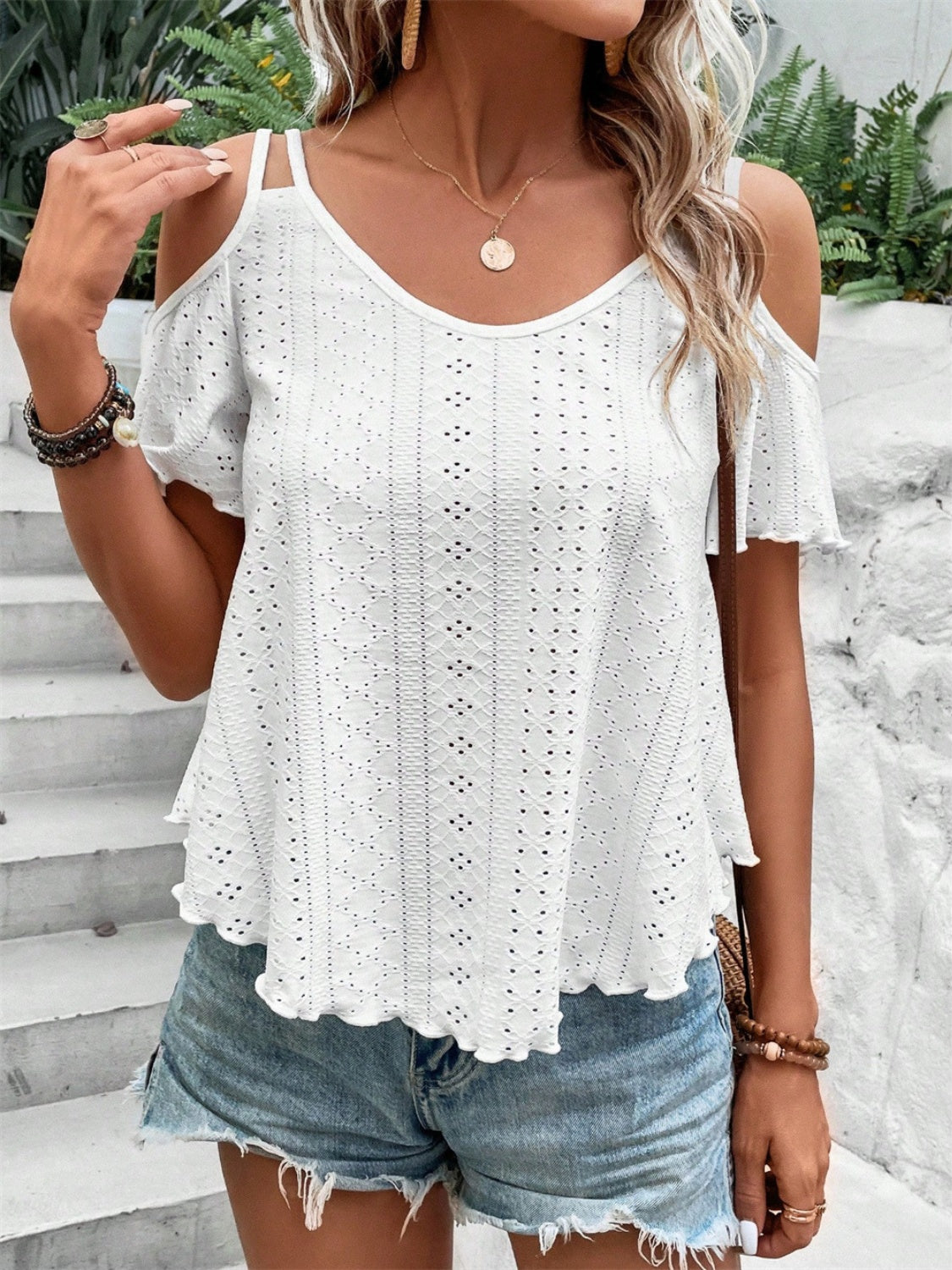 Eyelet Cold Shoulder Short Sleeve Blouse - Charming Charlie