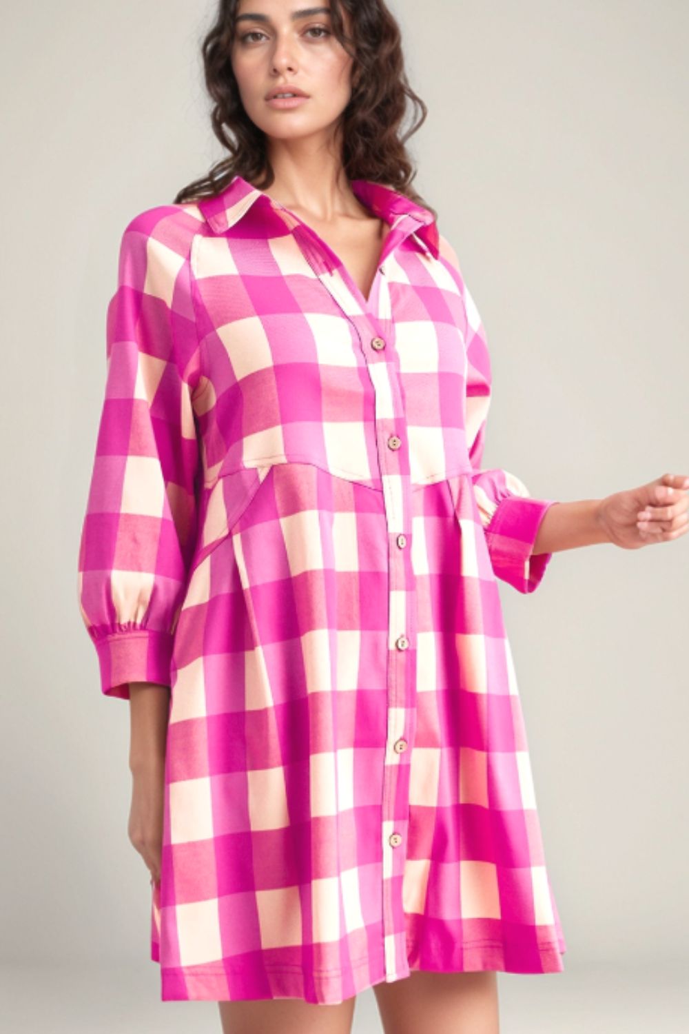 Ruched Plaid Three-Quarter Sleeve Shirt Dress - Charming Charlie
