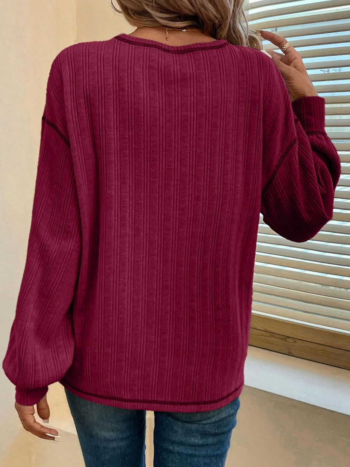 Mandy Contrast Stitching Round Neck Long Sleeve T-Shirt - Charming Charlie