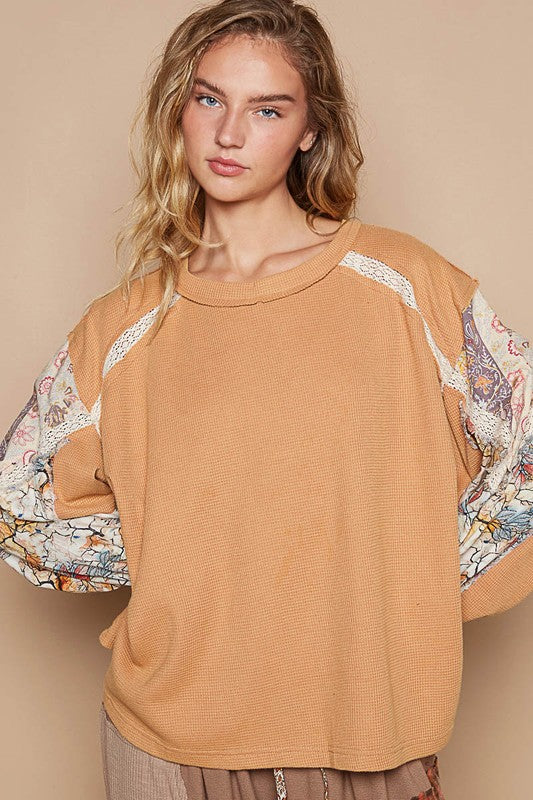 POL Waffle-Knit Lace Detail Round Neck Top - Charming Charlie